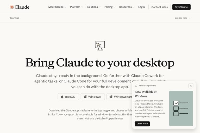 Страница скачивания Claude Desktop — доступно для Mac и Windows