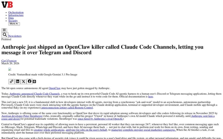 VentureBeat: Anthropic выпускает Claude Code Channels как конкурента OpenClaw