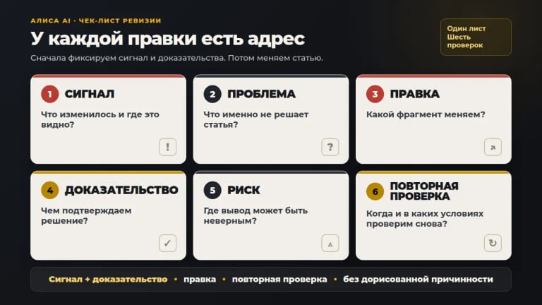 У каждой правки есть причина и способ проверить результат без дорисованной причинности. — Alt: Лист ревизии статьи с сигналом, проблемой, правкой, доказательством, риском и повторной проверкой.