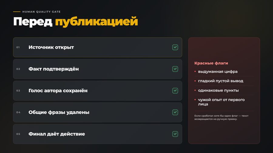Чек-лист проверки ИИ-текста на факты, голос автора и нейрослоп перед публикацией