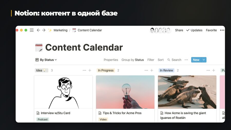 Пример контент-календаря в Notion со статусами материалов