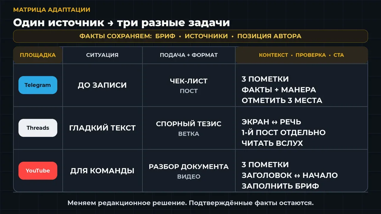 Один реальный исходник, три самостоятельные задачи читателя и отдельная проверка каждой версии. — Alt: Заполненная матрица репурпосинга с подачей, форматом, сохранёнными фактами, проверкой и CTA для трёх площадок.