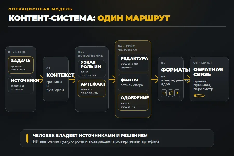ИИ исполняет узкую операцию. Источники, критерии и финальное решение остаются у человека.