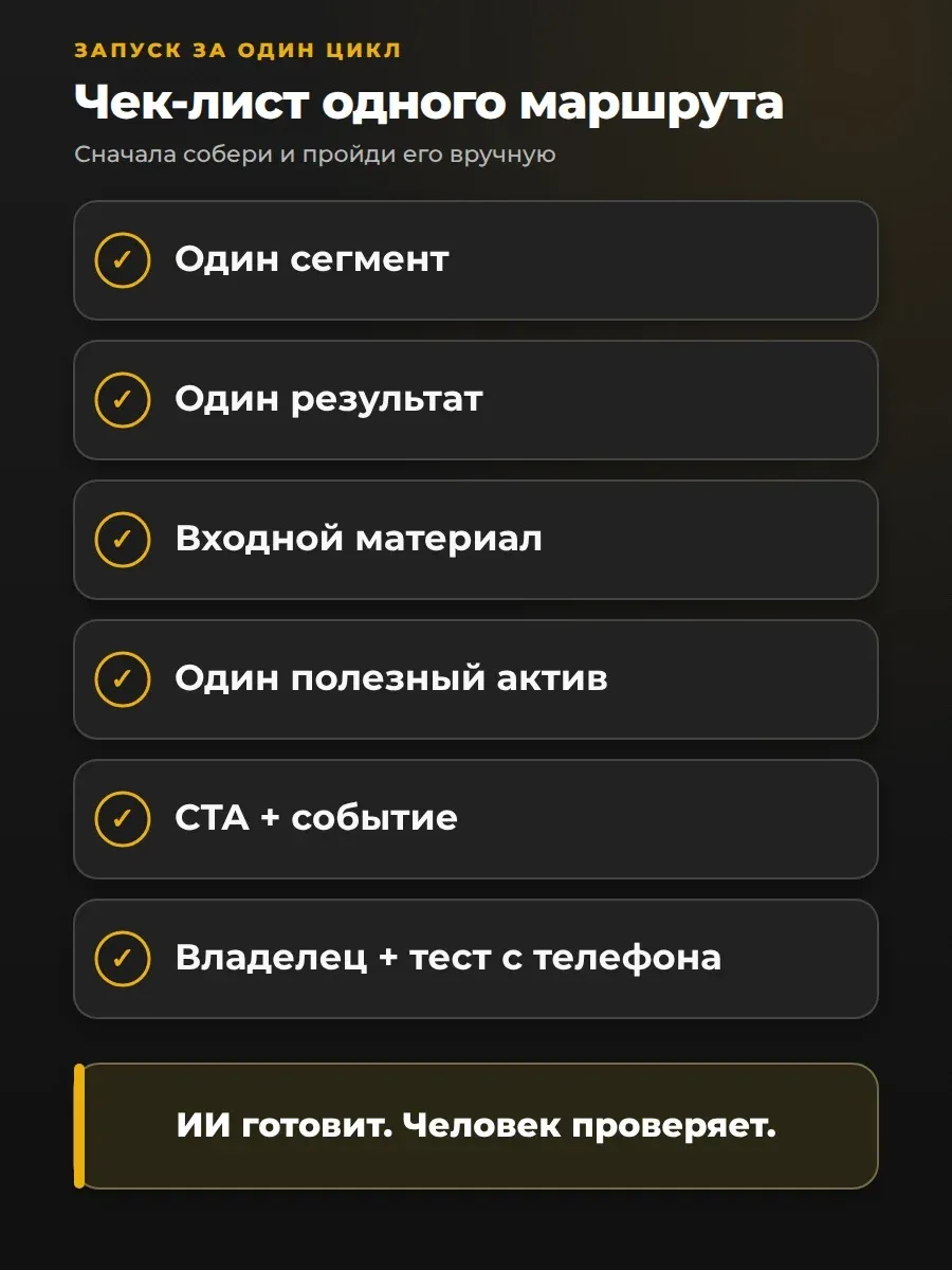 Минимальный запуск: один сегмент, один результат и один путь. ИИ готовит, человек проверяет.