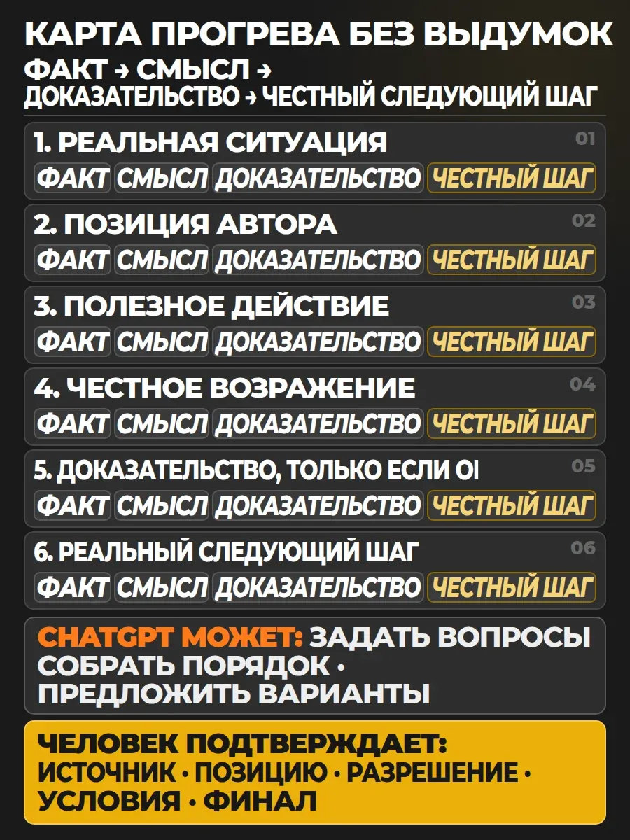 ChatGPT собирает варианты. Источник, позицию, доказательство, условия и финал подтверждает человек.