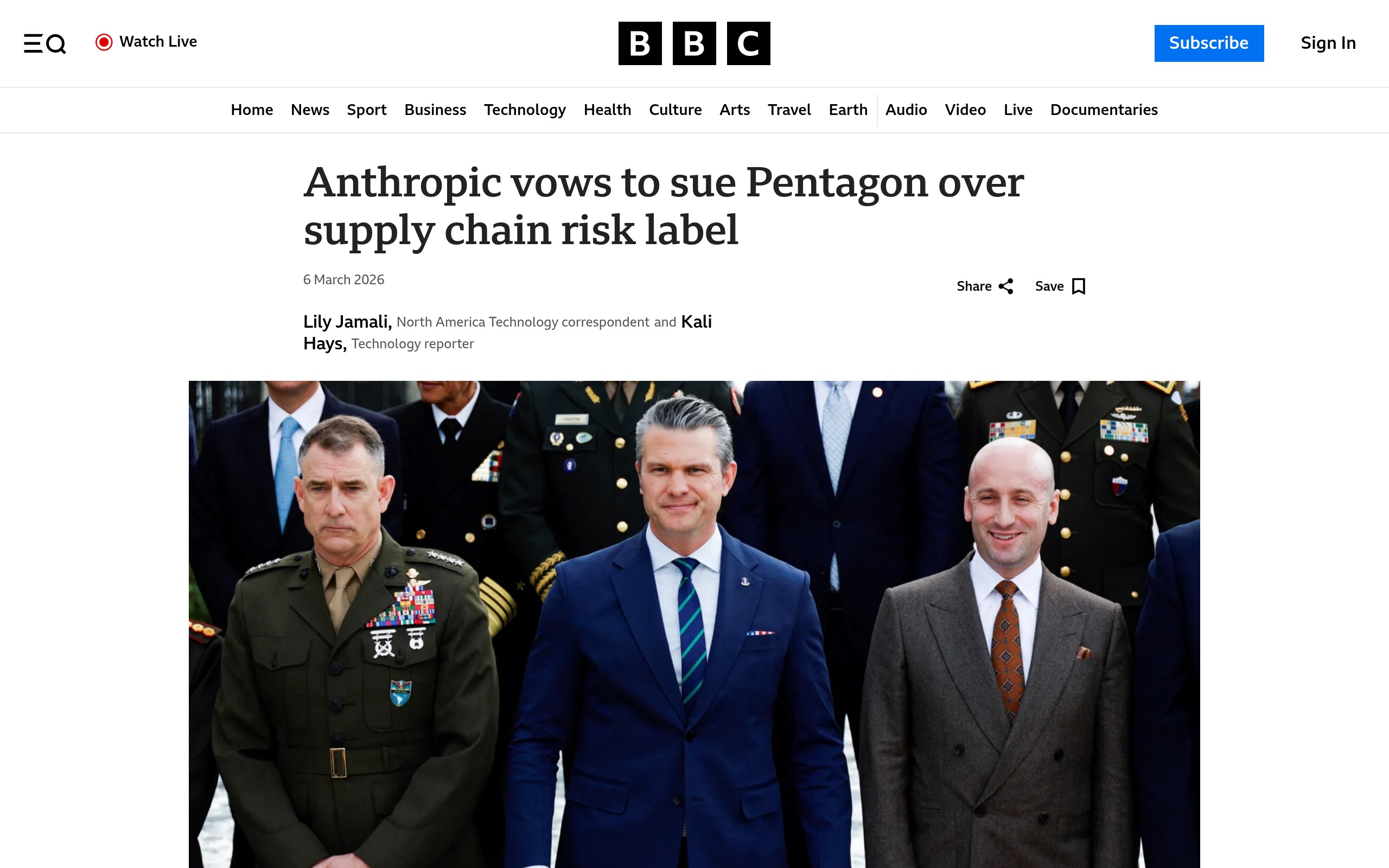 Скриншот BBC: Anthropic получила статус supply chain risk от Пентагона