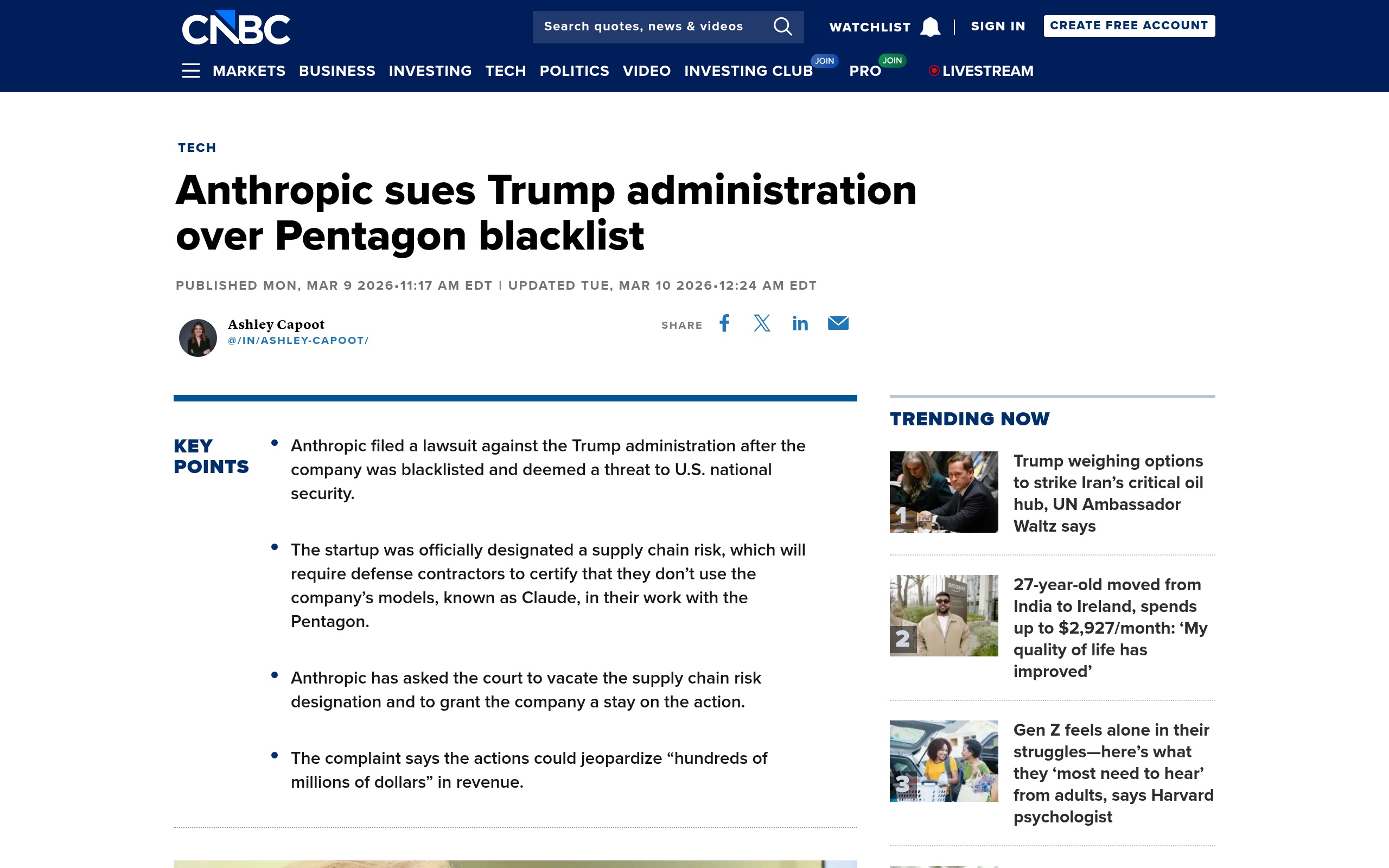 Скриншот CNBC: Anthropic подаёт иск против администрации Трампа