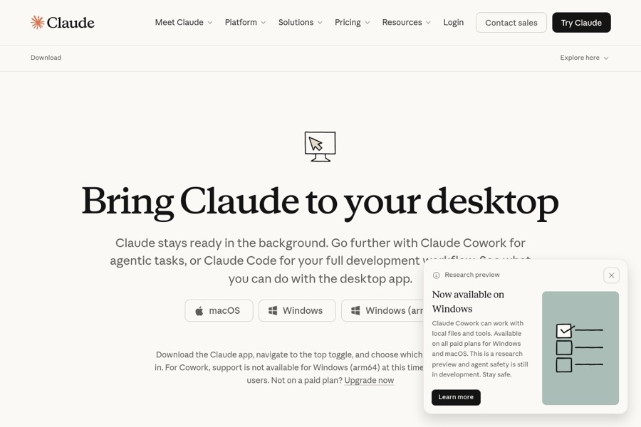 Страница скачивания Claude Desktop — доступно для Mac и Windows