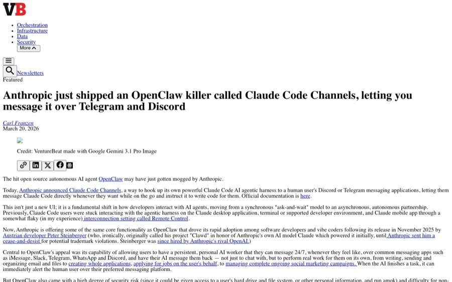 VentureBeat: Anthropic выпускает Claude Code Channels как конкурента OpenClaw