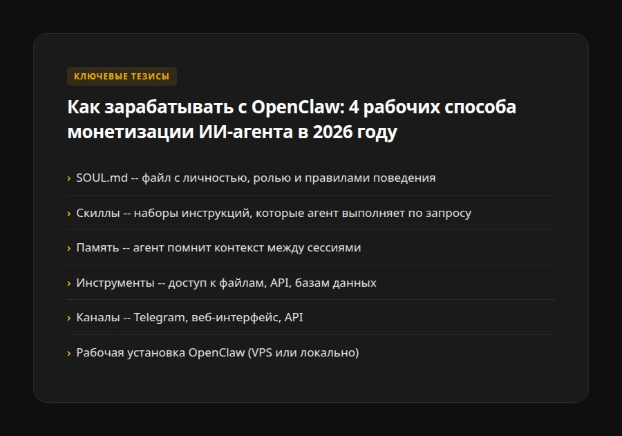 Как зарабатывать с OpenClaw: 4 рабочих способа монетизации ИИ-агента в 2026 году — ключевые тезисы
