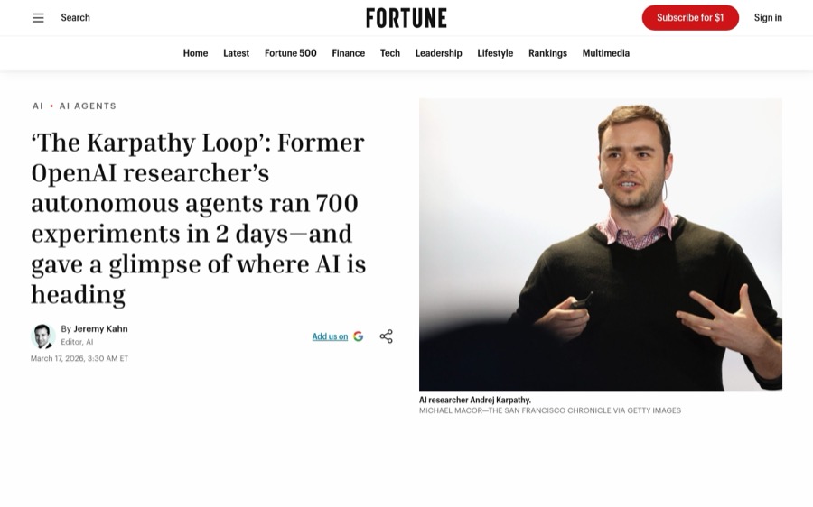 Публикация Fortune о проекте autoresearch Андрея Карпати