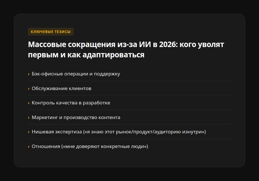 Массовые сокращения из-за ИИ в 2026: кого уволят первым и как адаптироваться — ключевые тезисы