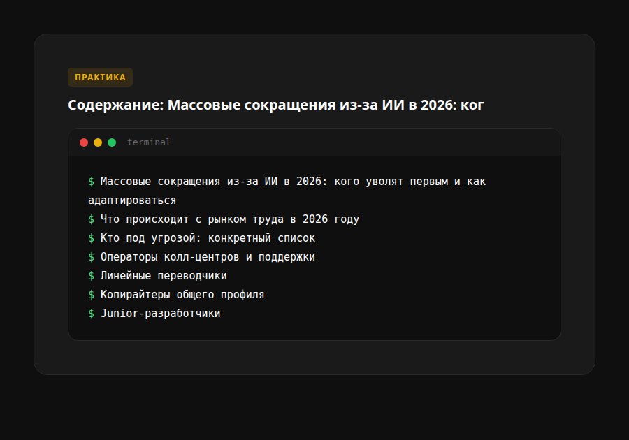 Массовые сокращения из-за ИИ в 2026: кого уволят первым и как адаптироваться — содержание