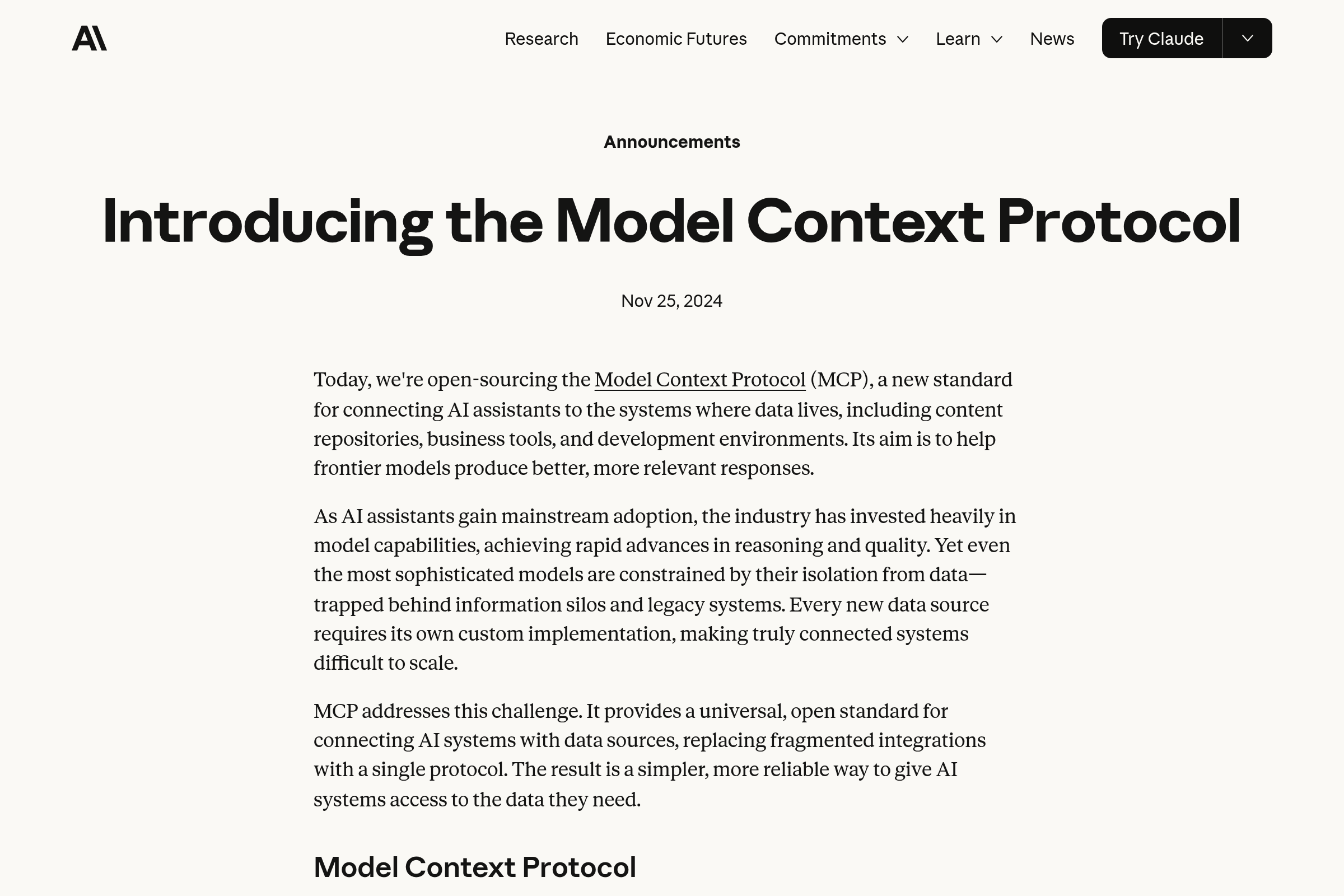 Anthropic MCP протокол анонс