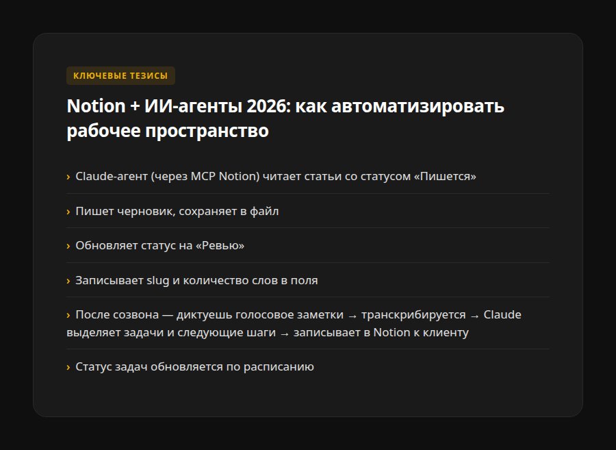 Notion + ИИ-агенты 2026: как автоматизировать рабочее пространство — ключевые тезисы